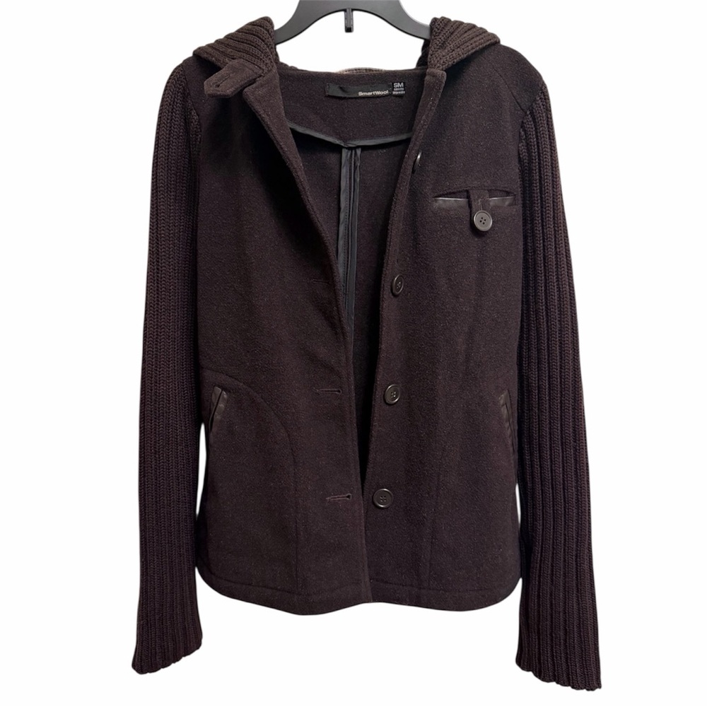 SmartWool Hooded Merino Wool Jacket with Leather Trim Womens Small Brown